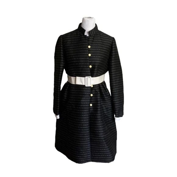 Teal Traina 60s Vintage Belted Black Stripe Dress Buttons Designer Rare US XL